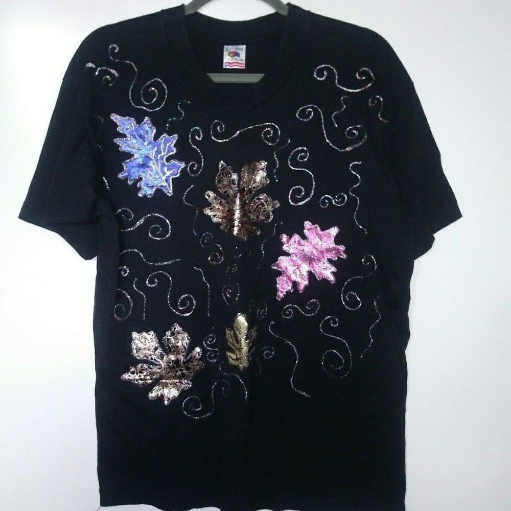 VTG 70s T shirt black shimmery leaves graphic USA